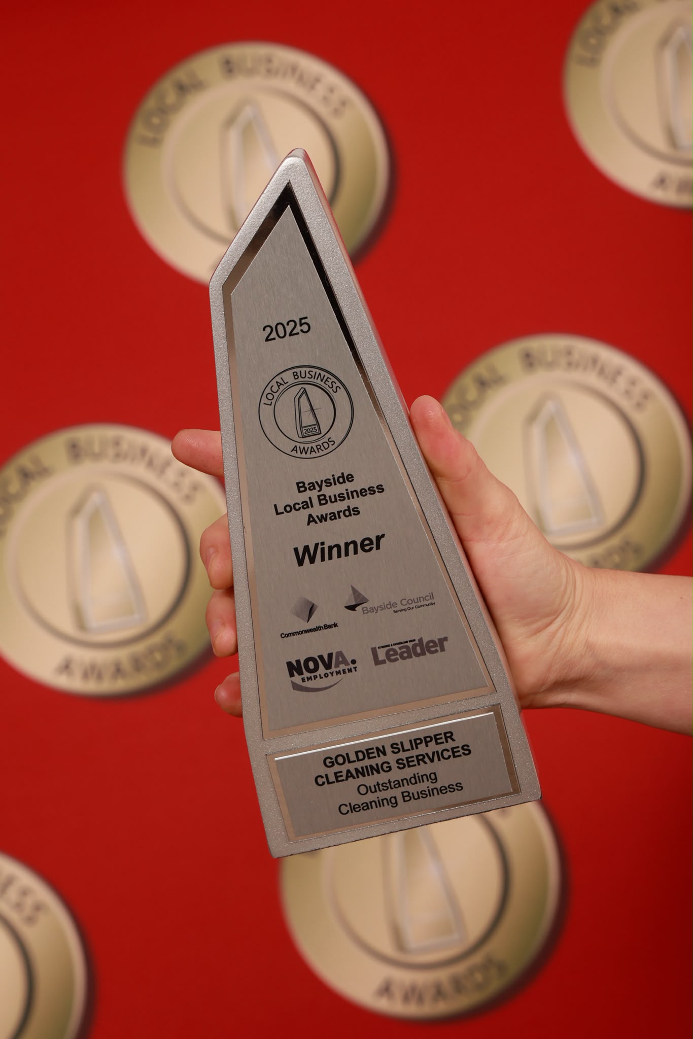 2025 Bayside Local Business Awards trophy engraved Golden Slipper Cleaning Services, Outstanding Cleaning Business, Winner